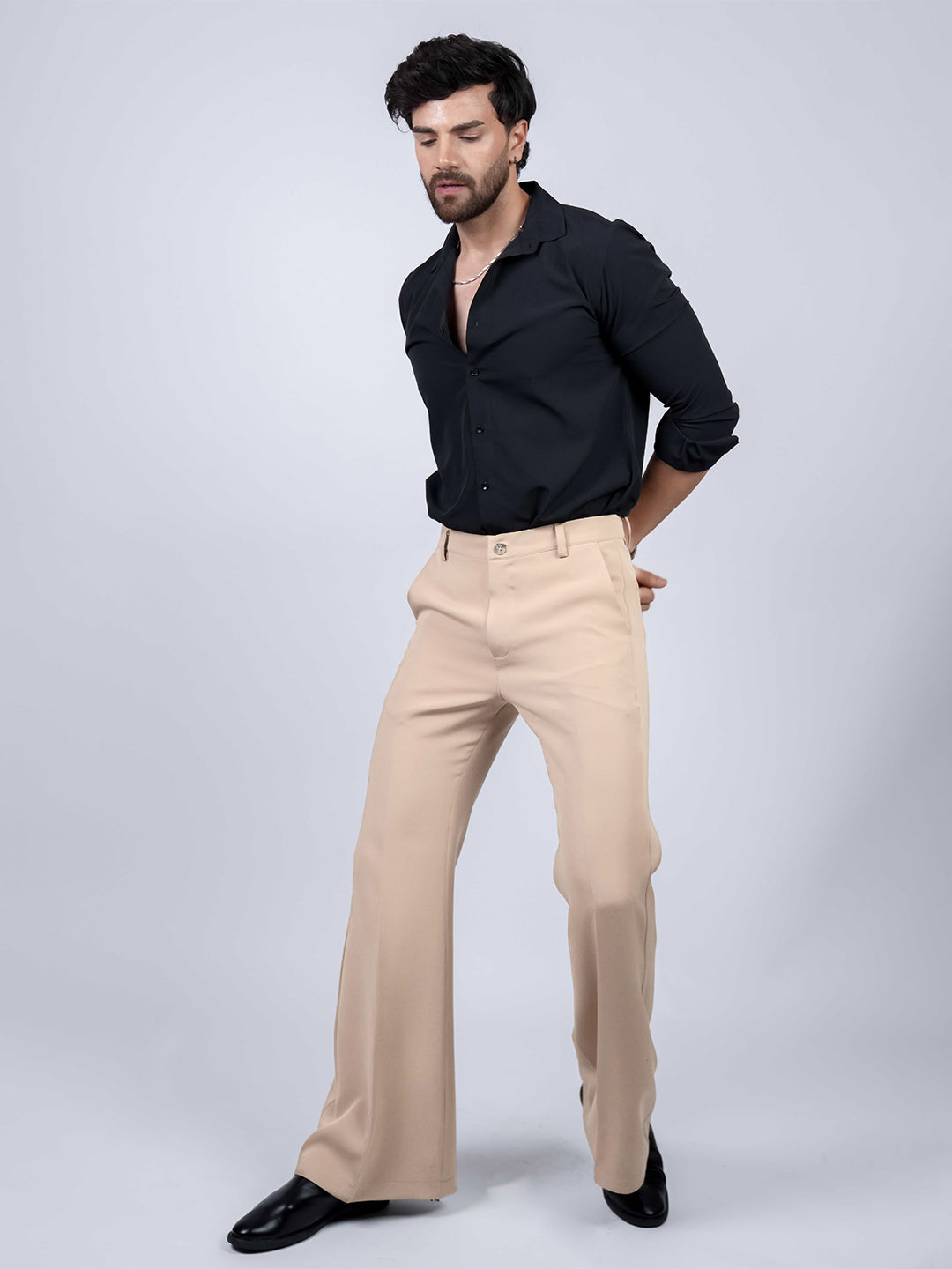 Cream Solid Boot Cut Fit Pants